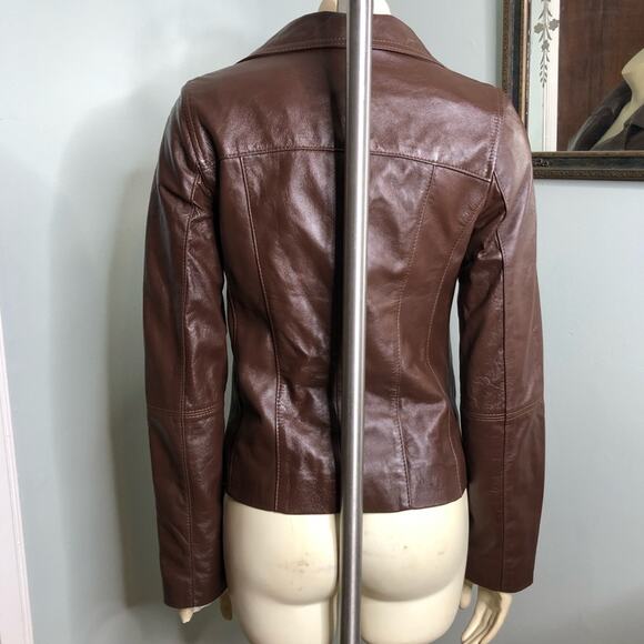 Leather Moto Jacket in chocolate brown gold zip - Picture 5 of 9
